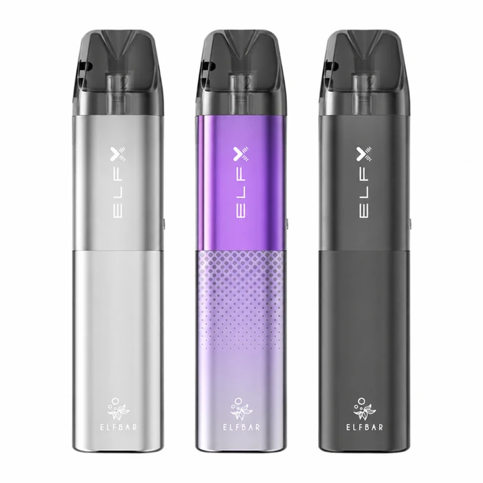 Drei ELFX Pod-Geräte in Silber, Violett und Schwarz