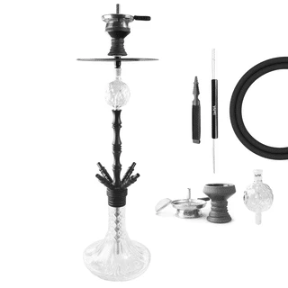 Schwarze LUNA Shisha mit separat abgebildetem Schlauch, Mundstück und weiteren Einzelteilen