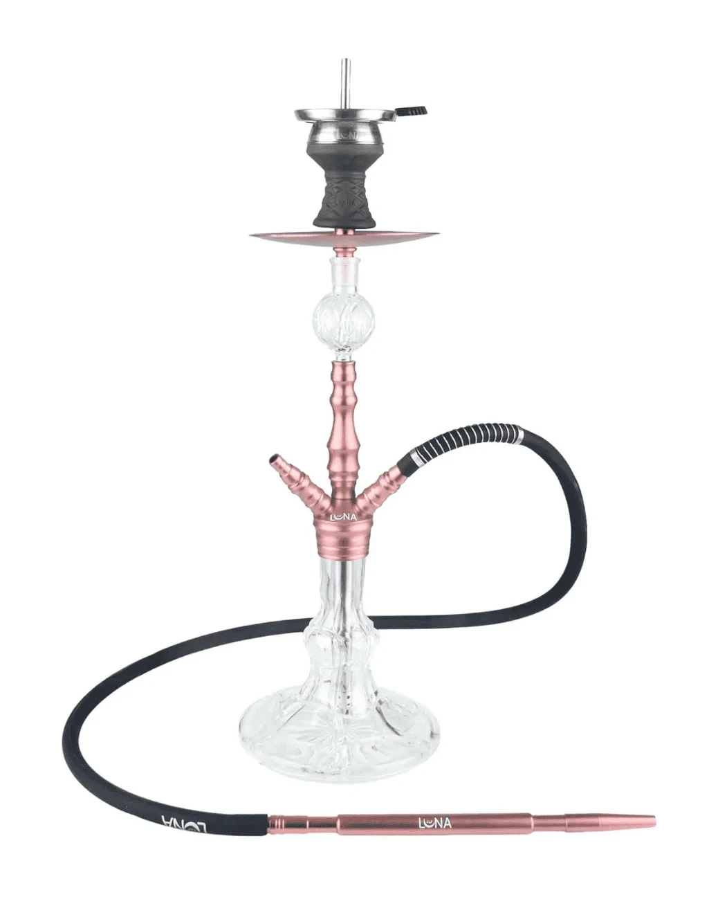 Rosafarbene LUNA Shisha mit Glasgefäß und schwarzem Schlauch